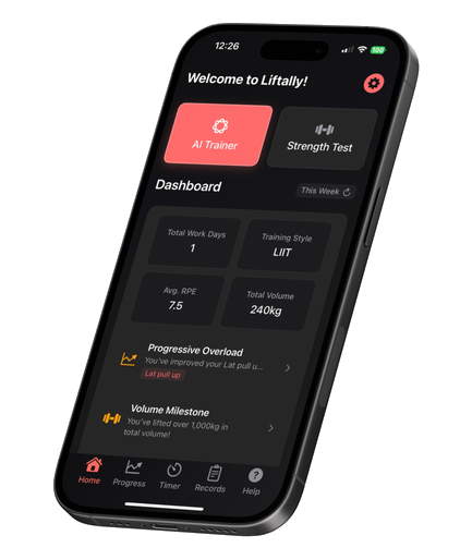 Liftally app preview (dark mode)